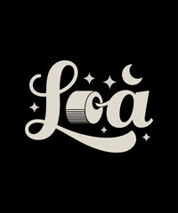 Loa Typography – Stylized Cursive and Celestial Font with Crescent Moon and Stars on Black Background for Mystical Merchandise and Boutique Branding