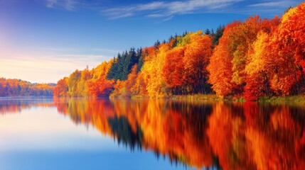 Fototapeta premium Vibrant autumn landscape with colorful trees reflecting in a serene lake under a clear blue sky