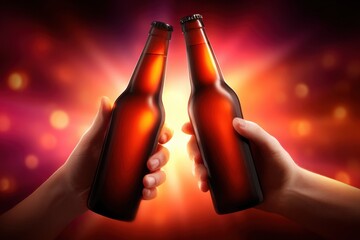 Two hands clink bottles against a vibrant, colorful background, symbolizing celebration and togetherness.