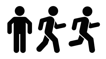 A simple black and white illustration showing three stick figure silhouettes of people in different states of movement. Transparent background.