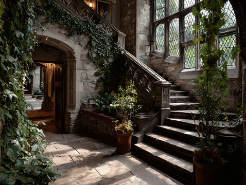 Visitors exploring a rarely opened historical manor during Heritage Open Days in England, intricate Victorian architecture, ivy-covered stone walls, elegant old staircases - Powered by Adobe