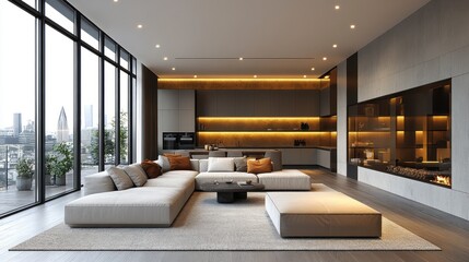 Fototapeta premium Modern penthouse living room with city views (1)