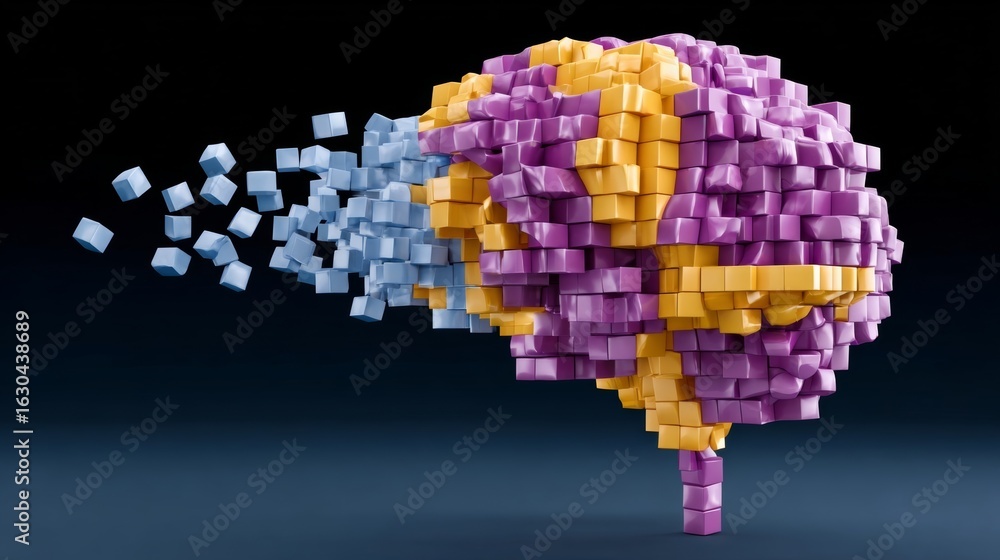 Aufkleber a brain made of blocks is shown in a split image, with the left side of the brain being blue and the