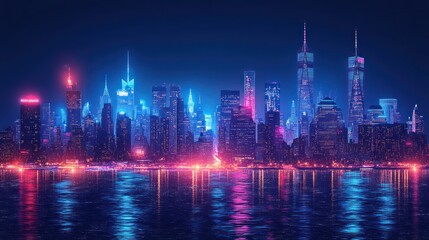 Fototapeta premium Futuristic city skyline at night, vibrant neon lights reflecting on water