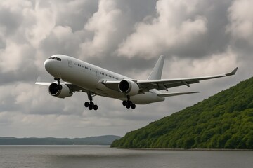 A commercial airliner gracefully soars over a tranquil lake, its journey illuminated by the soft glow of dawn or dusk
