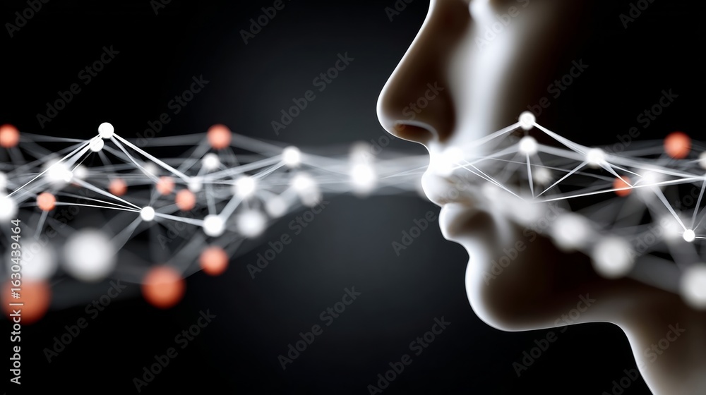 Poster a face with a mouth and a mouth with a line through it. the face is surrounded by a web of lines