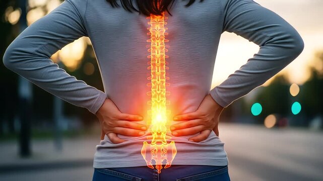 Rear View of Woman Holding Lower Back with Overlay of Spine Illustration Emphasizing Pain and Injury on Street at Sunset