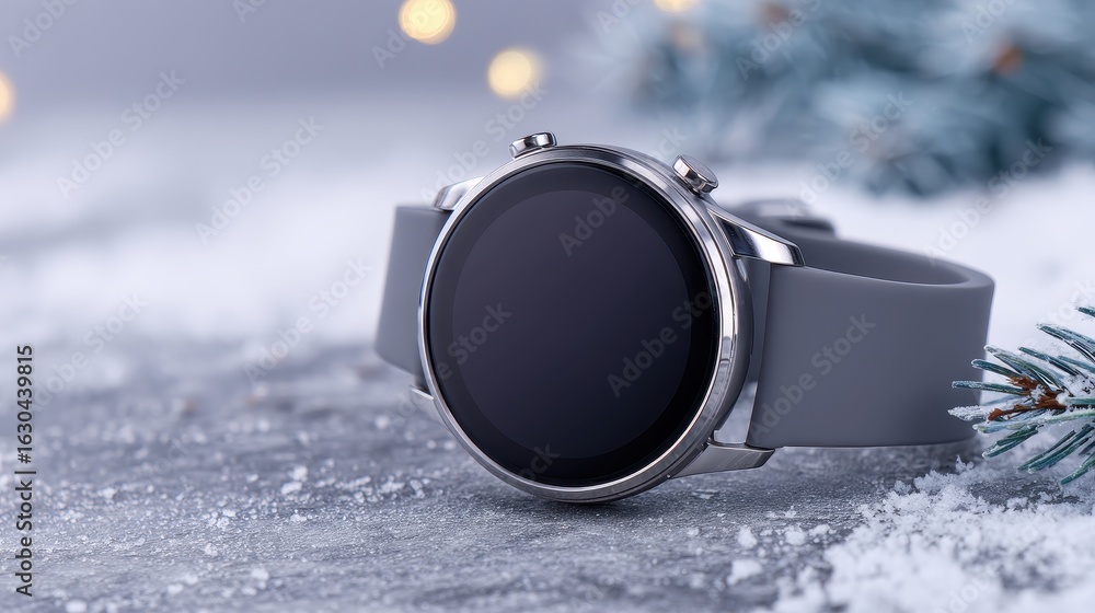 Aufkleber modern smartwatch resting on a snowy surface with evergreen branches and soft bokeh lights in the ba