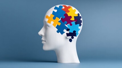 A white head with a puzzle piece on it. The puzzle pieces are in different colors and are scattered all over the head. Concept of a complex and intricate thought process