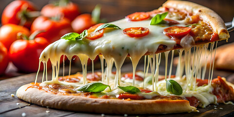 A delicious slice of pizza with melted cheese, tomatoes, and basil is lifted, showcasing its appetizing and gourmet appeal on a wooden surface