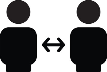 Solid glyph icon of two people with arrows. Social distance, data exchange, social interaction vector symbol