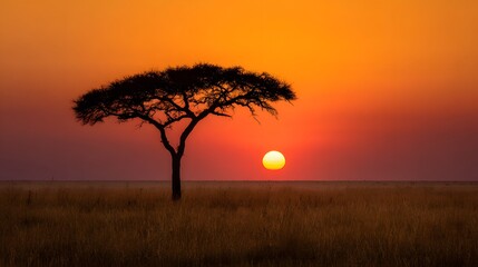 African savanna sunset lone acacia tree silhouette against vibrant orange sky, used for travel brochures
