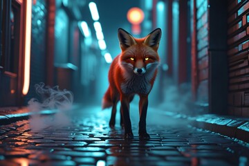Realistic Red Fox Stalking in Futuristic City Night Alley, Shallow Depth of Field and Sharp Textures on Wet Pavement