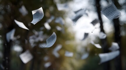Whimsical wind blown music sheets in a tranquil park setting