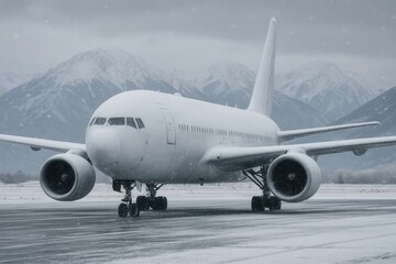 Fototapeta premium Amidst a snowy backdrop, a solitary commercial airliner awaits its next journey