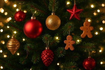 A festive Christmas tree adorned with red and gold ornaments, including a shining star and gingerbread figures, illuminated by warm lights