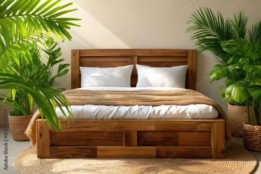 Poster serene bedroom setting adorned with natural light and lush greenery emphasizing a calming atmosphere