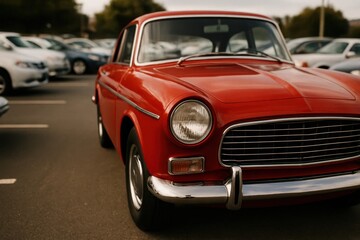 Obraz premium A classic red car stands out in a bustling parking lot