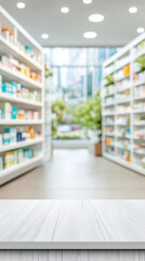 Modern bright pharmacy with white shelves and variety of packages. Focus on the wooden foreground surface for product or text placement. Ideal for advertising medicine, health and pharmaceuticals.