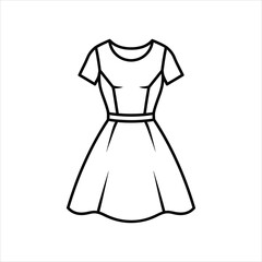 Black outline drawing of a short sleeved A line dress with a belt A-line belted
