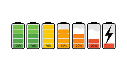 A simple, minimalist illustration of a battery charge indicator showing different levels of power. Transparent background.