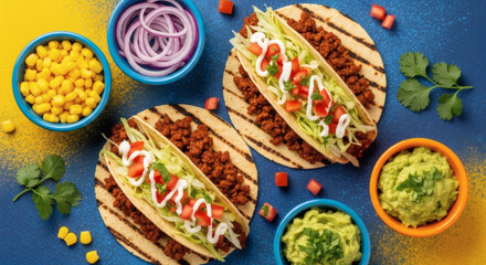 An overhead shot of two tacos with toppings and bowls of corn, onions, and guacamole on a colorful table