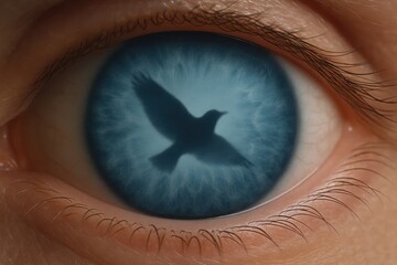 Naklejka premium A bird of tranquility perched on a human eye, gazing into the depths of consciousness