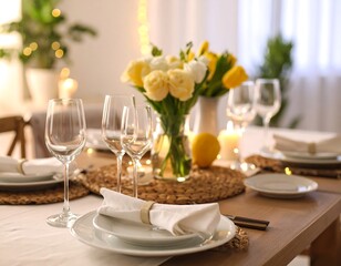 Elegant dining table setting with flowers and candles
