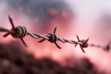 Barbed wire fence with war zone background