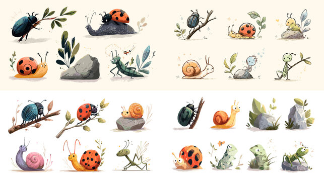 Cute cartoon insects and snails with natural elements like branches and rocks in soft watercolor style. Ideal for nature-themed books, planners, and educational designs.

