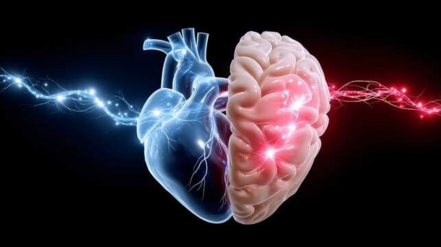 heart and brain connected by glowing, energetic lines