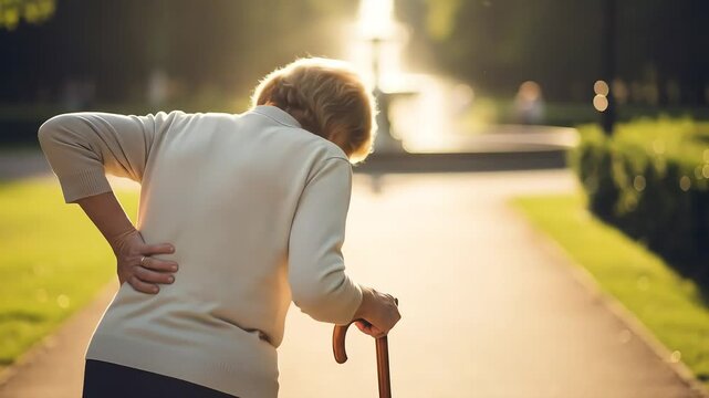 Senior Woman with Back Pain Using Cane in Park During Golden Hour Sunlight Suffering From Chronic Ache Outdoor