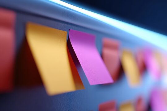 Abstract background of a glowing task management board with virtual sticky notes, organized remote work. Efficiency, project management. Colorful.
