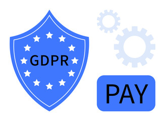 Data regulation shield featuring GDPR title, interconnected gear icons, and payment button. Ideal for privacy, security, compliance, digital economy, data protection governance transparency. Simple