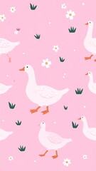 Cute geese on a pink background with flowers and grass