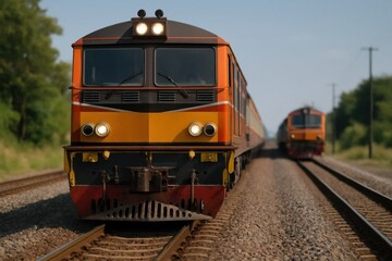 Fototapeta premium A vibrant orange train leads the way on a sunlit railway track, with another train following closely in the distance