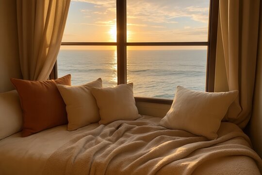 Fototapeta A serene sunset over the ocean as seen from a cozy window