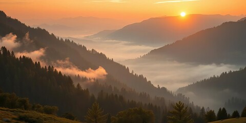 Obraz premium Golden sunrise paints Slovakian valley, mist clinging to mountain slopes, photography, tranquil