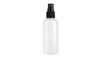 Clear plastic spray bottle with black nozzle for cosmetic products on transparent background