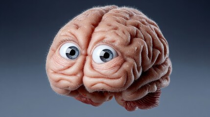 A cartoon brain with big eyes and a frowning expression. The brain is made of clay and has a rough texture