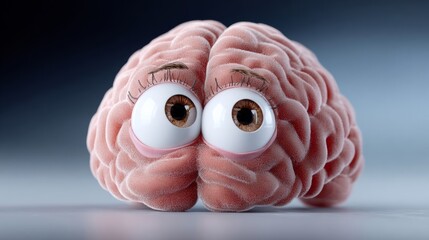 A cartoon brain with big eyes and a pinkish color. The brain is looking at the camera