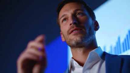 Man giving presentation with projected charts and graphs