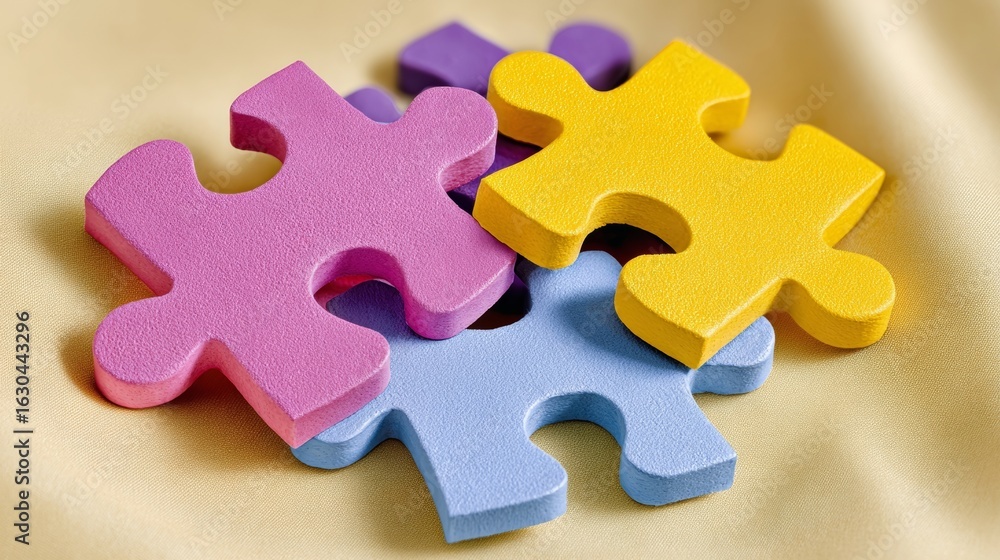 Poster a puzzle with four pieces of different colors. the puzzle pieces are arranged in a way that they for