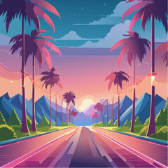 An empty road stretches towards a glowing sunset, flanked by silhouetted palm trees and mountains in a retro aesthetic.