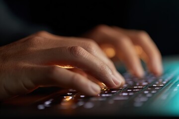Close-up of hands typing on a glowing keyboard with lines of code, software development. Coding, programming. Dark, focused.
