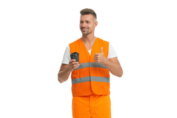 Repairman coffee break isolated on white. Man builder engineer. Construction builder do successful...
