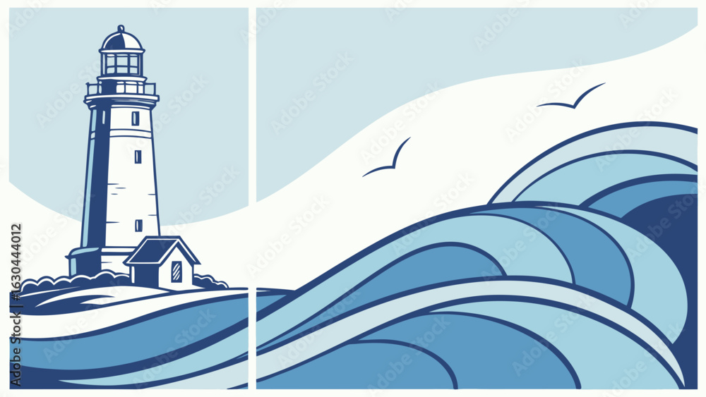 Aufkleber illustration of a lighthouse with a small building and waves with birds in a light blue color scheme