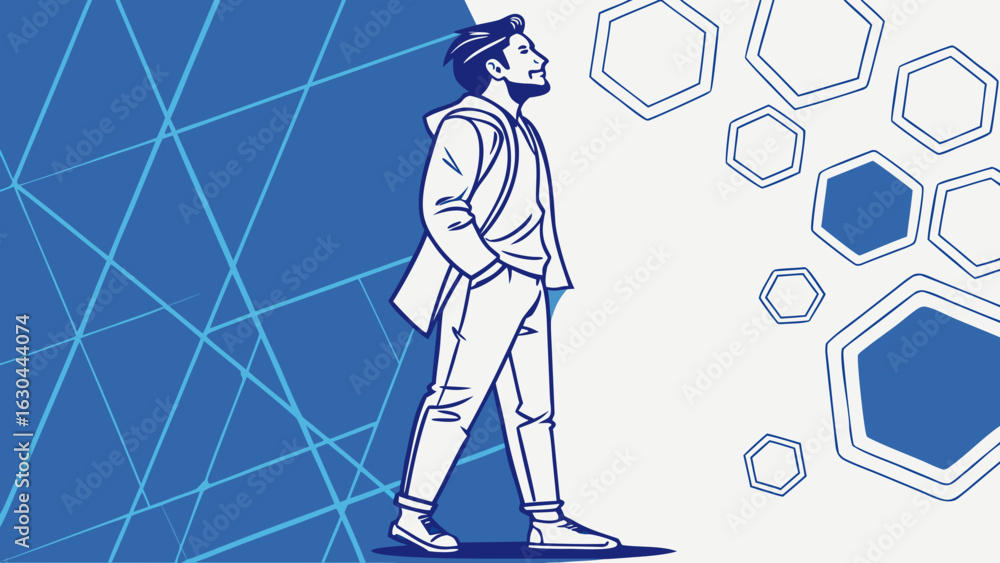 Poster man in jacket walking with geometric hexagons and lines in a blue and white modern design created wi