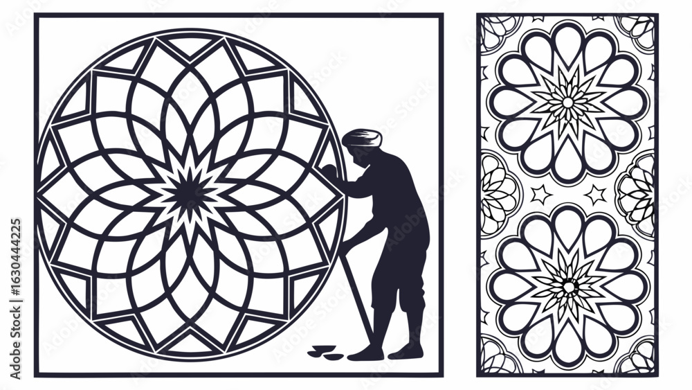 Aufkleber silhouette of a man working on a large geometric mandala design next to a floral pattern design crea