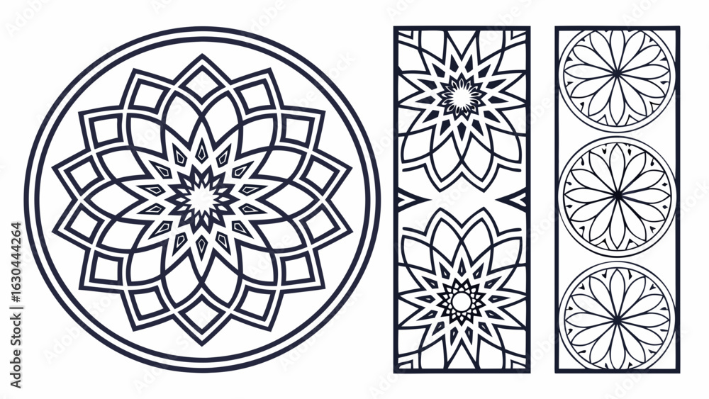 Poster geometric designs featuring floral and star patterns in circular and rectangular frames set in black